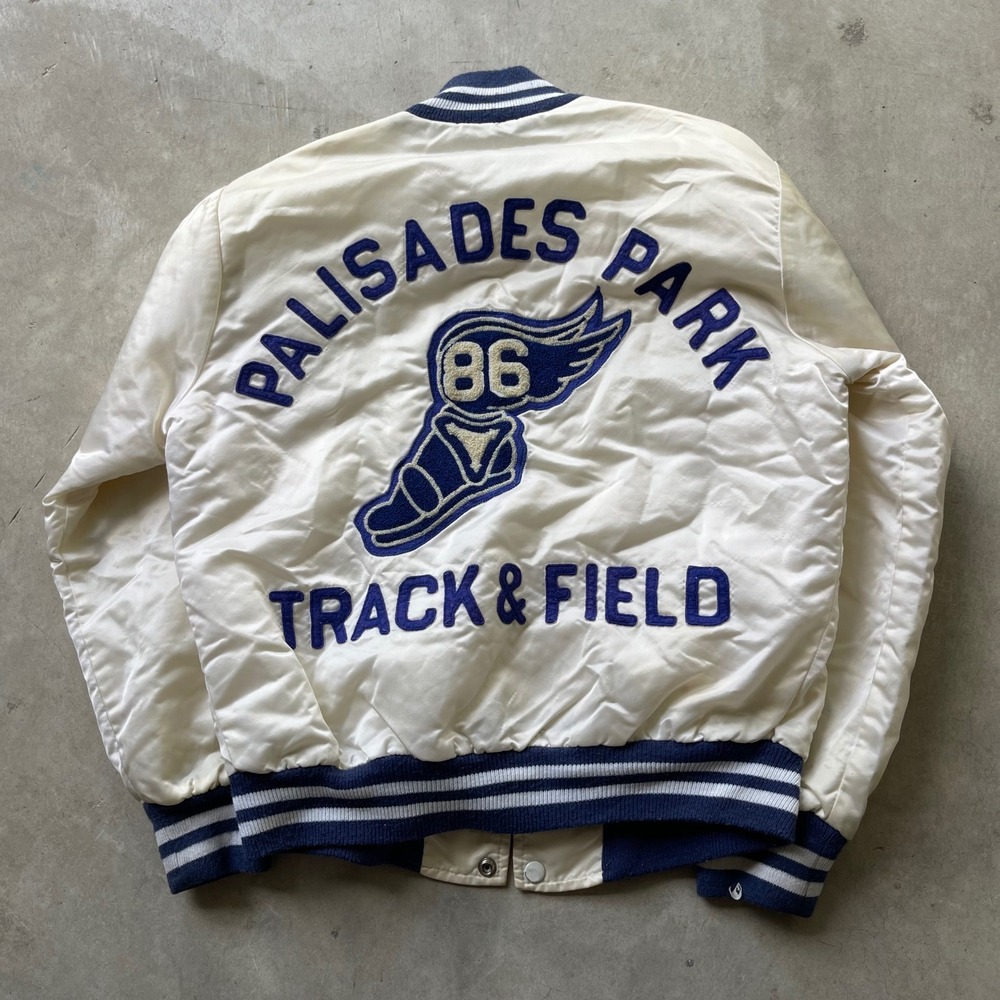 Vintage Hewitt Mfg Palisades Park Track Field Satin Varsity Jacket Cream Blue 86